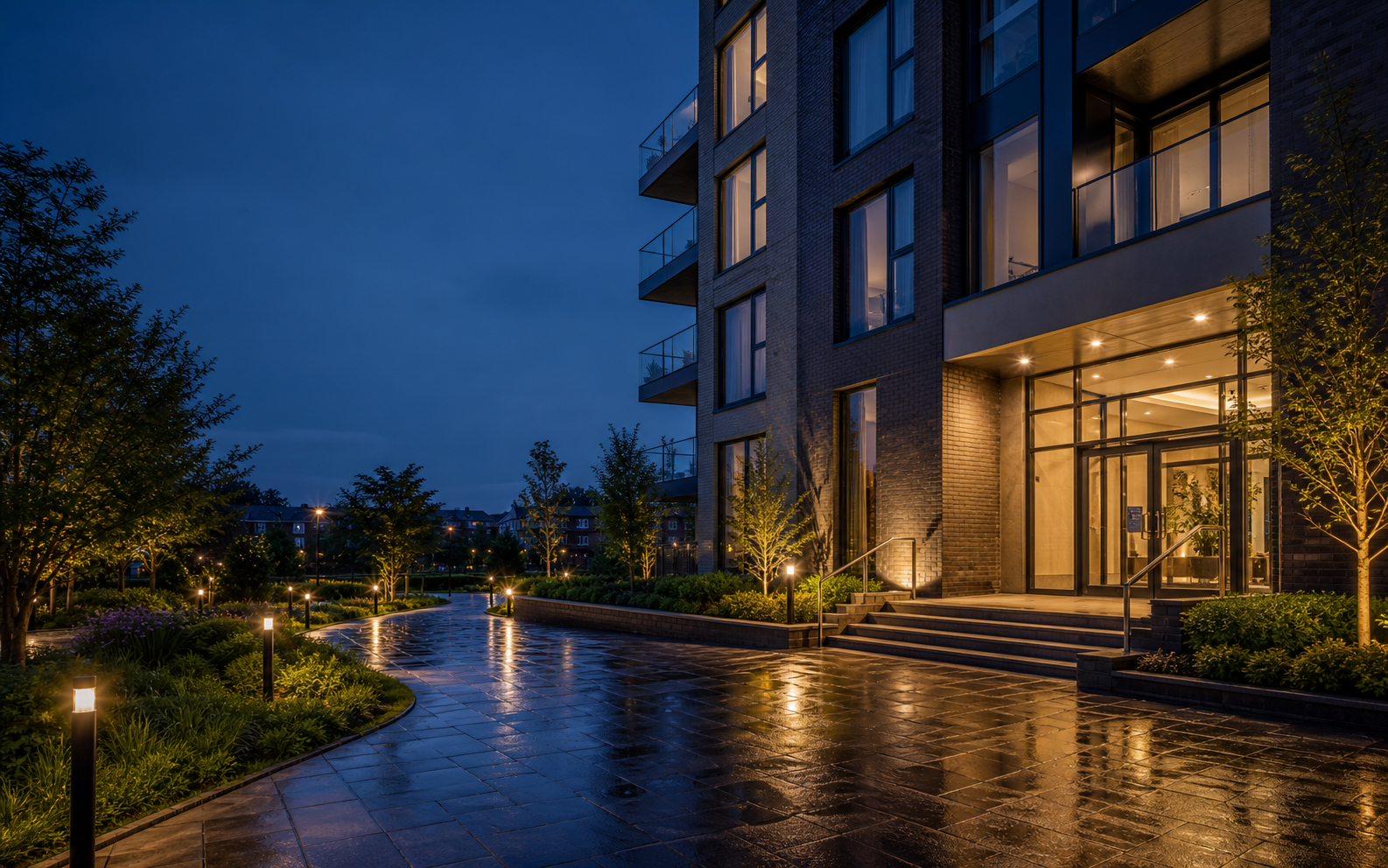 Contemporary residential building with a well-lit entrance